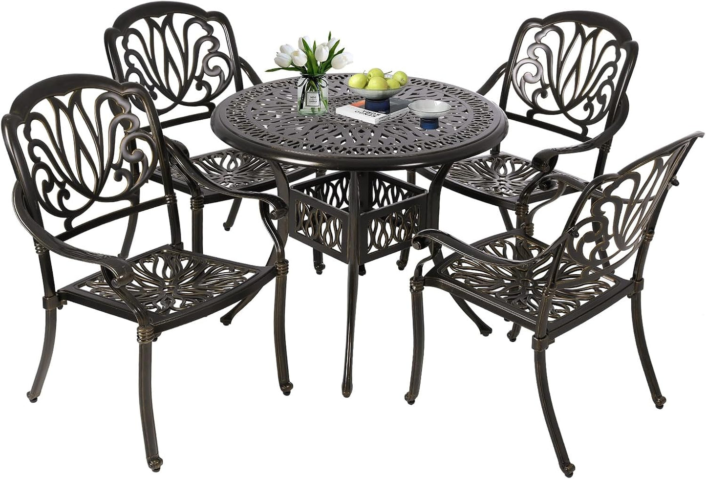 Cast Aluminum Outdoor Patio Dining Set, All Weather Outdoor Furniture Dining Set for Patio, Balcony, Lawn, Garden, Backyard (1 Round Table+4 Dining Chairs)