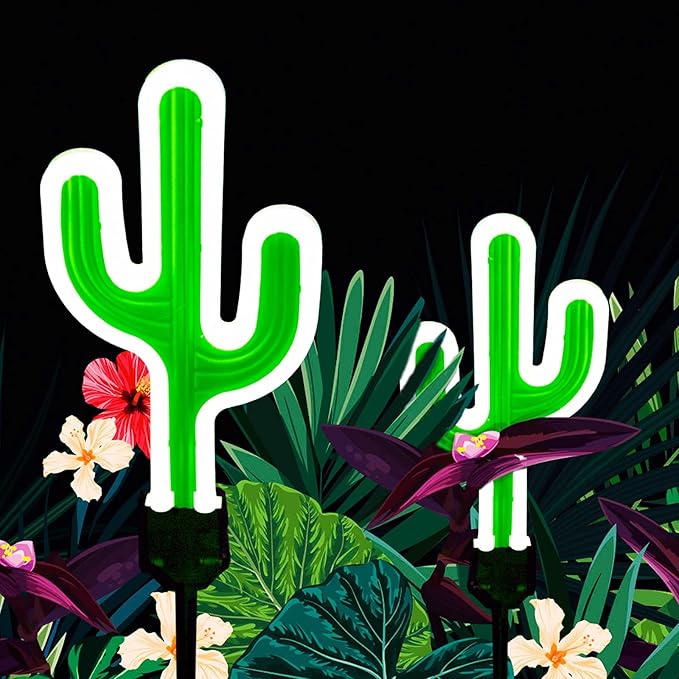 Solar Cactus Neon Lights Outdoor Decor- 2 Pack 41.3 in Gifts for Mom Woman, Garden Stake Decorative LED Lights Waterproof Path Lighting for Christmas Yard Lawn Patio Walkway Driveway Sidewalk Decor