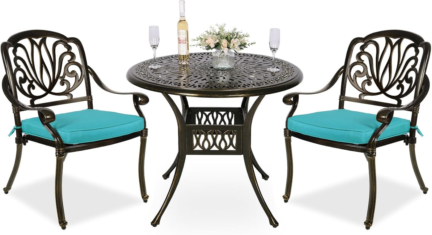 MEETWARM 3 Piece Patio Bistro Set, Outdoor All-Weather Cast Aluminum Dining Furniture Set Includes 2 Cushioned Chairs and a 35.4” Round Table with Umbrella Hole for Garden Deck, Ocean Blue