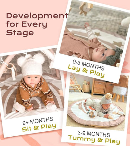 Baby Play Gym Mat, Tummy Time Activity Mat with 7 Detachable Toys and 12 Milestone Cards for Stage-Based Sensory and Motor Skill Development, Washable Play Mats for Infant, Newborn Baby Essentials