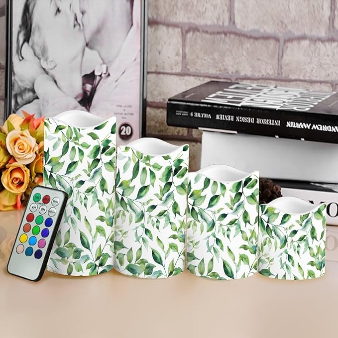 Ystardream Green Leaf Flameless Candles with Timer 4 PCS Led Candle Battery Operated Fake Candle for Indoor Outdoor,Virthdays,Christmas,Thanksgiving,Valentine's Day