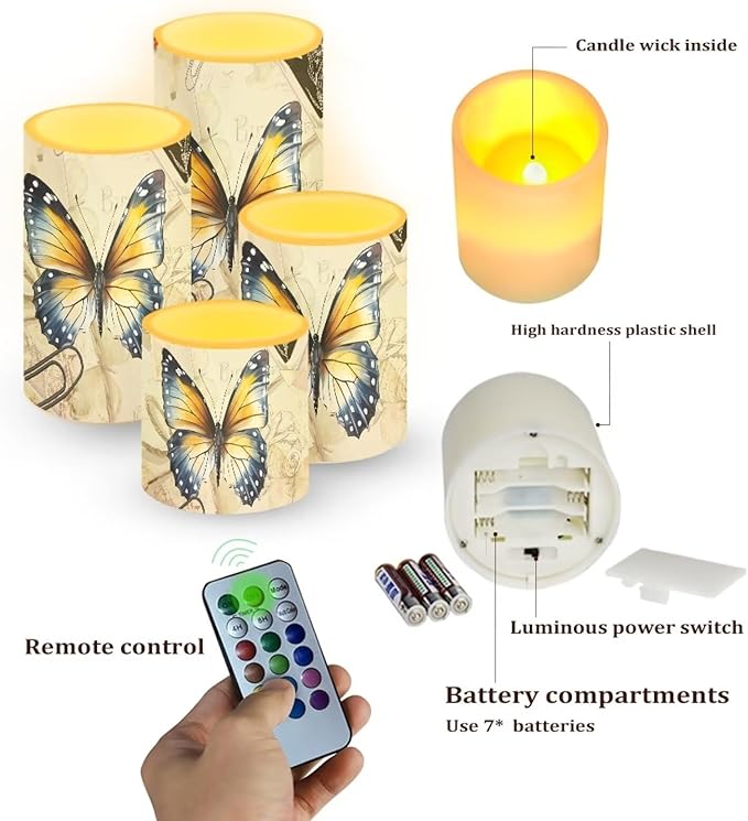 Flameless Candles Battery Powered with Multicolor Lights Timer Remote Control Everlasting Fake Candles for Party Garden Indoor Outdoor Wedding Decoration, Butterfly Yellow Retro