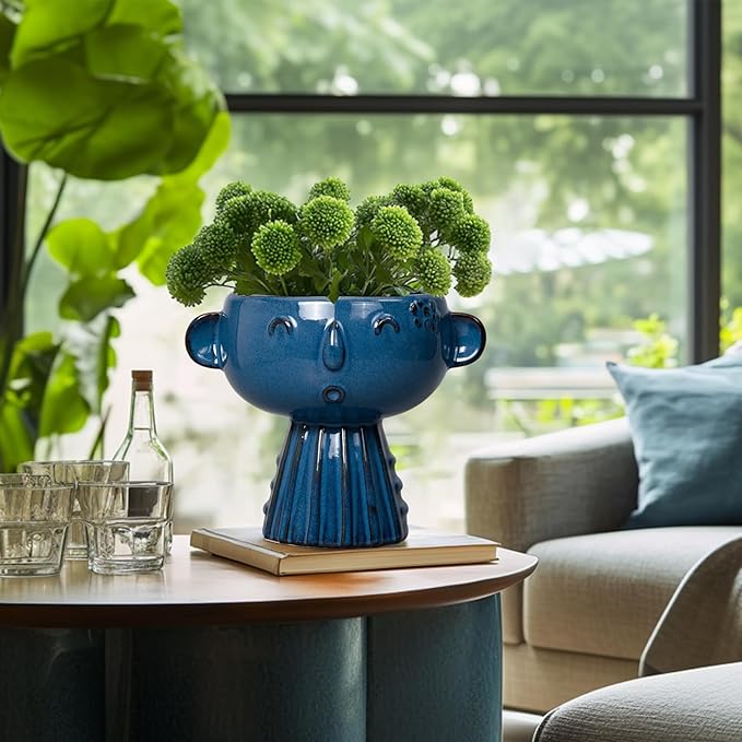 Head Planter Pot - 7 Inch Cute Face Planter for Indoor Outdoor Plants Ceramic Succulent Pot Round Flower Pot Present for Mother Christmas with Drainage Hole Blue