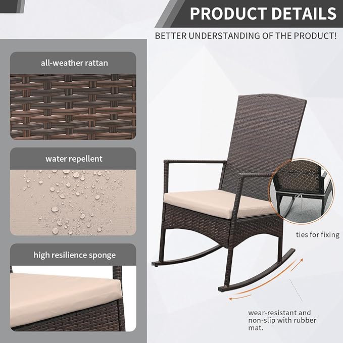 Outdoor Rocking Chair 3 Pieces High-Backed Rocking Chair Outdoor Patio Rocking Chairs Outdoor Table, Khaki