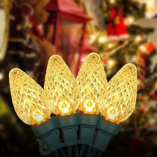 DEWENWILS C7 Warm White Christmas Lights, 33.3ft 50 LED String Lights Waterproof, Indoor/Outdoor Decorations for Xmas Tree, Patio, Garden, Yard, Porch, Green Wire, UL Listed