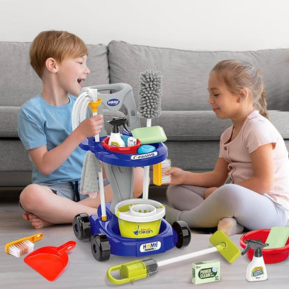 Kids Cleaning Set for Toddlers Pretend Play Housekeeping Supplies Kits with Real Working Vacuum Cleaner, Broom, Spray Bottle, Dust Pan and More Role Play Educational Toys for Toddler Boys Girls (Blue)