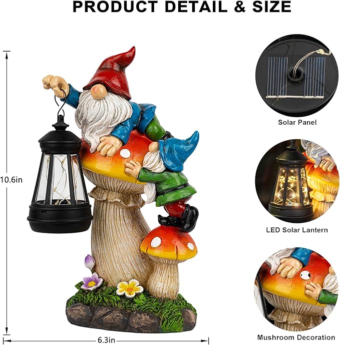 C&Y&G&X Solar Garden Gnome Statue - Waterproof Outdoor Mushroom Decor with Solar Lantern LED Lights for Yard, Lawn, Patio – Ideal Gifts for Mom Grandma Women Wife Sister