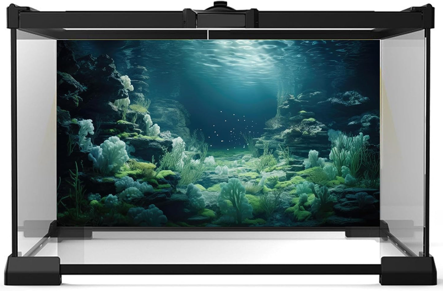 Aquarium Background Underwater Bioluminescent Life Coral Terrarium Backdrop White Coral Lush Moss Fish Tank Background Rock Sunlight Rays Tank Aquarium Wallpaper Poster Vinyl 60x24in