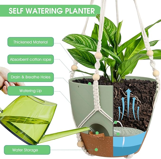 Hanging Planters for Indoor Outdoor Plants, 2 Pack Self Watering Hanging Pot with Drainage Holes, Removable Tray & 2 Kinds of Plant Hangers, 10'' Hanging Flower Pots for Home Garden Decor, Green