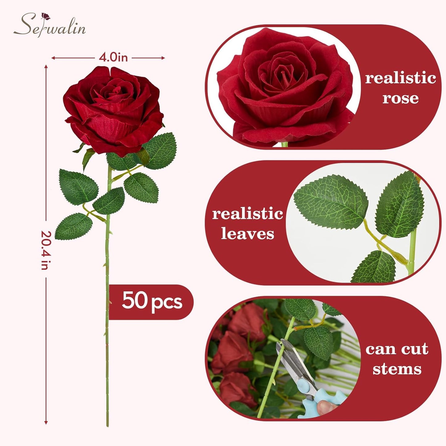Serwalin 50pcs Artificial Red Roses, 4'' Velvet Flower Head Fake Rose Bulk, Real Touch Silk Roses Realistic Bouquet Long Stems Wedding Home Decor and Table Centerpiece