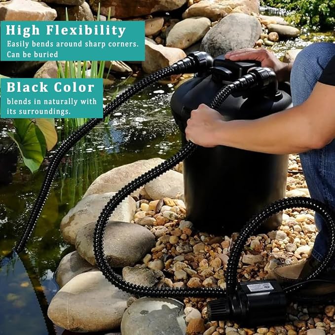 Pond Hose ID 1/2” × 50ft Black Corrugated Flexible Reinforced PVC Hose Vinyl Tubing for Pond Pump Fountain Garden Waterfall, Non-toxic & Kinkproof, with 2 clamps