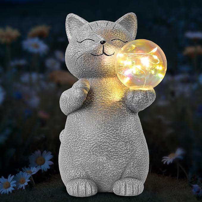 Cat Garden Statue with Solar Ball Light 7.3" Resin Cat Figurine Waterproof for Front Proch Patio Lawn Yard Balcony Decor Birthday Housewarming Gifts for Women Sister Girlfriend Grandma
