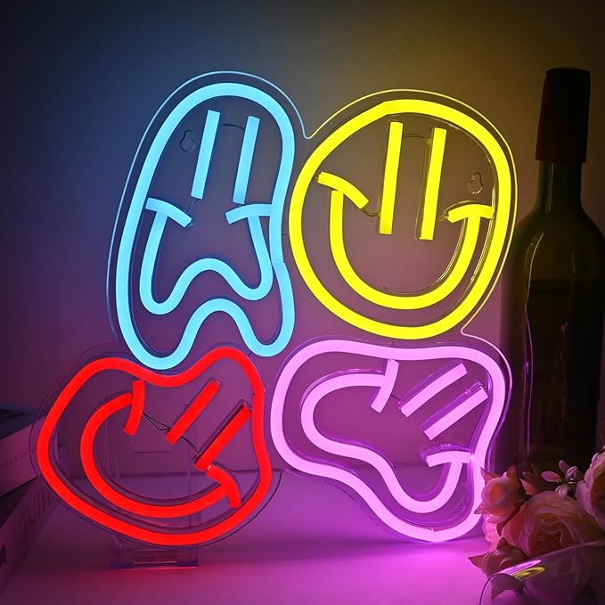 Smile Faces Neon Sign Led Colorful Distorted Happy Faces Neon Light Signs for Wall Decor Usb Light Up Signs for Kids Bedroom Aesthetic Preppy Room Decor Party Decoration Teens Gifts