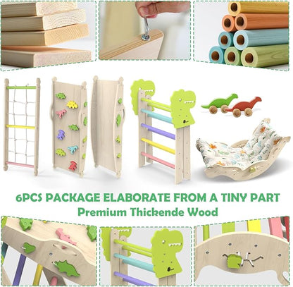 Pikler Triangle Set with Cushion, 12 in 1 Toddler Montessori Toys Indoor Baby Climbing Gym Pikler Triangle Climbing Set Wooden Toy Climbing Rope Ladder, Shape Sorter, Push Car 【Dinosaur Toys】