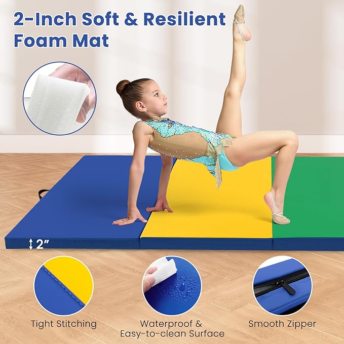 Giantex 4'x10'x 2" Gymnastics Mat, 4-Panel Folding Aerobics Exercise Mat w/Hook & Loop Fastener, Carrying Handle, Portable Tumbling Mat for Stretching Yoga Cheerleading Martial Arts