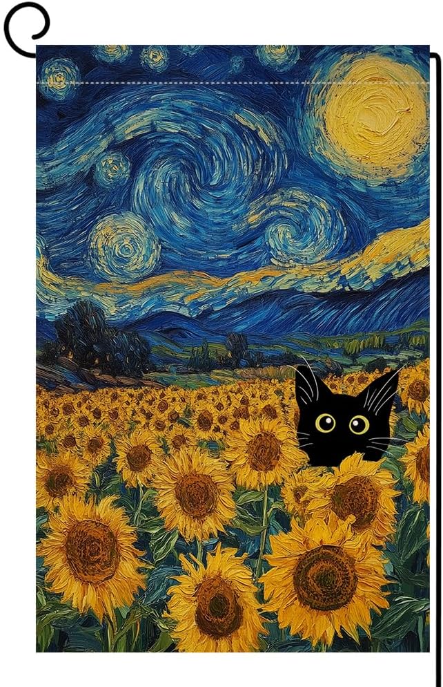 BLKWHT Summer Sunflower Cat Garden Flag 12x18 Vertical Double Sided Blue Sky Welcome Farmhouse Holiday Outside Decorations Burlap Yard Flag BW822
