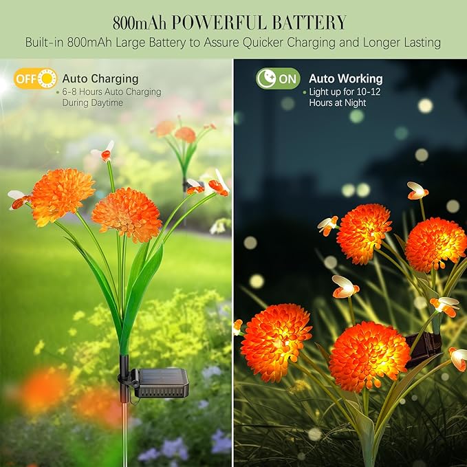 Solar Garden Lights, 2 Pack Solar Swaying Bee Lights with Flowers, Waterproof Solar Firefly Lights Outdoor for Garden Patio Yard Pathway Fall Decoration, Gifts for Women Mother's Day