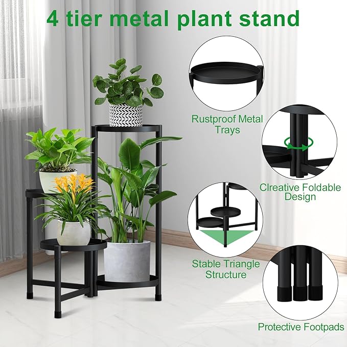 Plant Stand Indoor Outdoor, 4 Tier Black Metal Plant Stands Indoor Clearance,28in Tall Corner Flower Pot Holder Stands Shelves for Plants Multiplefor Patio, Living Room, Garden,Balcony
