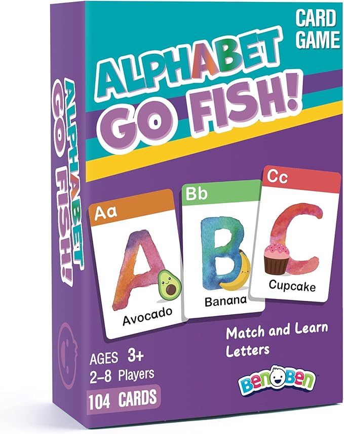 BenBen Alphabet Go Fish Card Game for Kids,104 Cards, Oversized ABC Learning Playing Cards, Memory Matching Games, 2-8 Players, Ages 3 and up, Easter Basket Stuffers, Stocking Stuffers