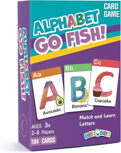 BenBen Alphabet Go Fish Card Game for Kids,104 Cards, Oversized ABC Learning Playing Cards, Memory Matching Games, 2-8 Players, Ages 3 and up, Easter Basket Stuffers, Stocking Stuffers