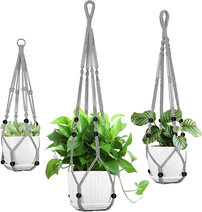 3 Pack Macrame Plant Hanger - 35"/29"/23" Different Sizes, Hanging Planter Basket Flower Pot Holder for Indoor Outdoor, Boho Home Decor, Gray (POTS NOT Included)