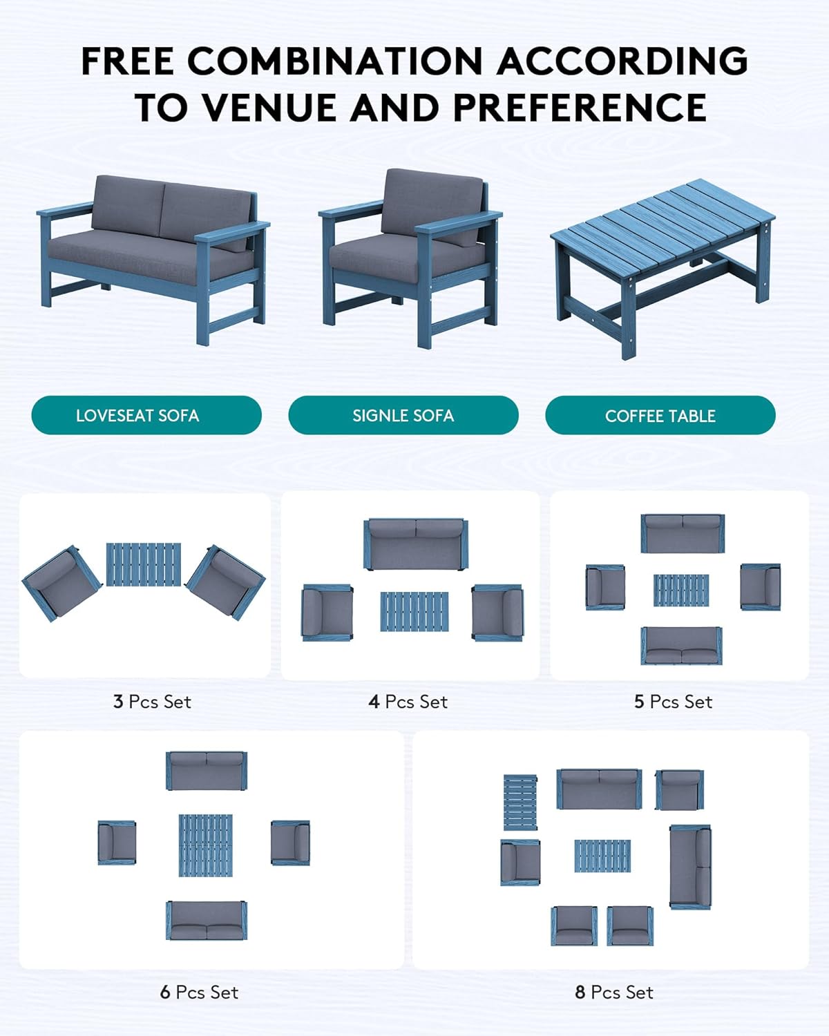 SERWALL 5 Pieces HDPE Outdoor Sofa Set with Cushions, All Weather Couch Conversation Set, Loveseat Social Furniture Chairs with Coffee Table, Blue Frame with Grey Cushions