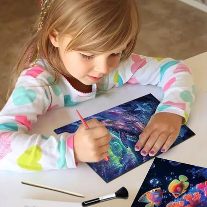 Georgie Porgy Scratch Paper Art Set for Kids Adults Magic Rainbow Scratchboards for DIY Arts and Crafts Kits Christmas Birthday Gift with Scratching Tools Kit (A4-Noctilucent Whale + Sea World)