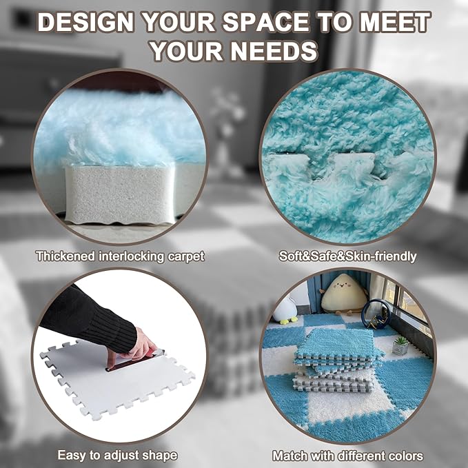 16pcs 0.6" Thickened Interlocking Tile Mats,Fluffy Shaggy Soft EVA Foam Area Rug for Living Room & Bedroom,Non-Slip Protective Floor Carpet Play Mat Kids Baby Dorm Home Decor (11.8ft, Blue)