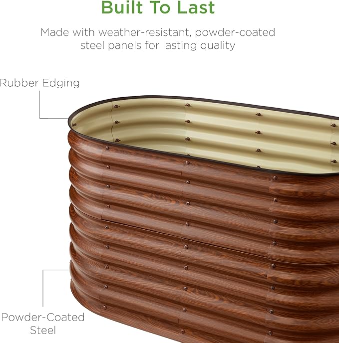 Best Choice Products 4x2x2ft Outdoor Metal Raised Garden Bed, Oval Deep Root Planter Box for Vegetables, Flowers, Herbs, and Succulents w/ 101 Gallon Capacity, Rubber Edge Guard - Wood Grain