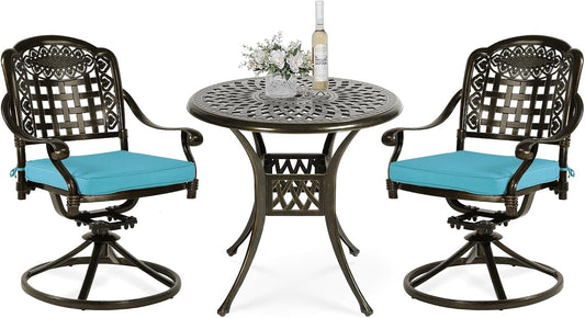 VIVIJASON 3-Piece Patio Bistro Set, Outdoor All-Weather Cast Aluminum Furniture Dining Set, Include 2 Swivel Chairs and 31" Round Table w/Umbrella Hole for Balcony, Lawn, Garden (Ocean Blue Cushion)
