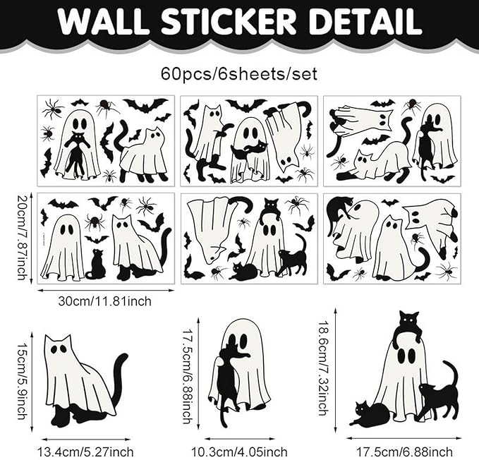 6 Sheets Halloween Window Clings Ghost Window Stickers Halloween Cute Black Cat Bat Designs Double-Side Glass Decals for Home Office Party Favor Windows Glass Decoration Supplies