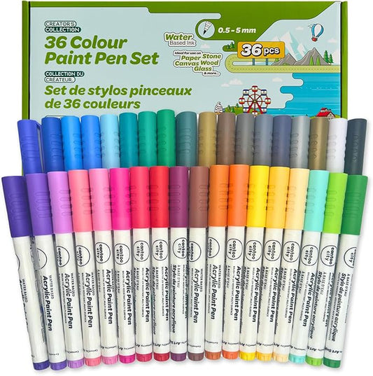 36-Color Acrylic Paint Markers Set – Vibrant multicolour Paint pens for Precision Painting on Multiple Surfaces for Paper, Canvas, Rock, Glass, Wood