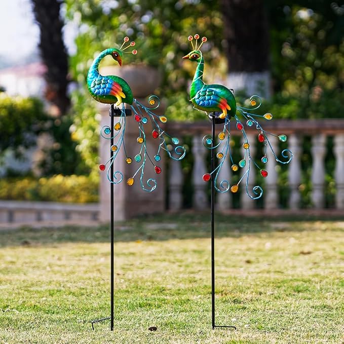 VEWOGARDEN 2 Pack Solar Stake Lights Outdoor Waterproof Metal Peacock Solar Lights for Yard Garden Patio Pathway Walkway, Green