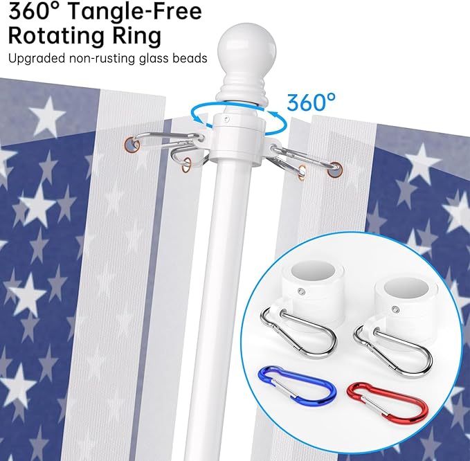 ZMTECH Flag Pole with Solar Light - Adjustable Bracket, 6 FT Stainless Steel Flag Poles for Outside House, Garden or Yard, Tangle Free Flagpole Kit for American Flag (Without Flag, White)