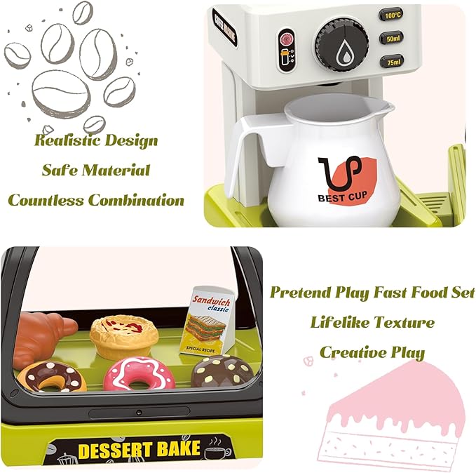 Kids Coffee Maker Play Set: Coffee, Cash Register, Play Food (Coffee, Donuts, Cookies, Egg Tarts, Croissants), Play Money - Educational Toy Kitchen Ages 3+
