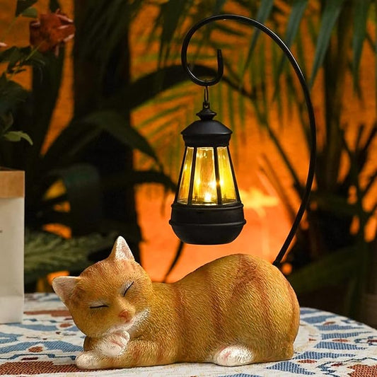 Solar Lantern Cat Statue Outdoor Garden Decor, 13 Inch Tall Cat Statues Resin Cat Figurine with Solar Light, Outdoor Statue Garden Cat Statue Decor for Pathway Yard Lawn Patio & Porch, Gift for Mom