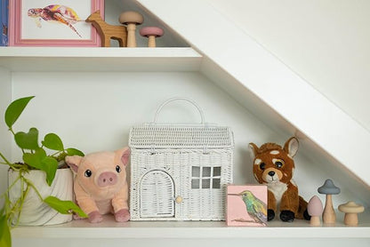 Rool Rattan House Shaped Basket Wicker Small Dollhouse Gift for Girls, Boho Toys, Mouse in a Box House, Little Girl Purse Clutch, Doll Carrier (White)