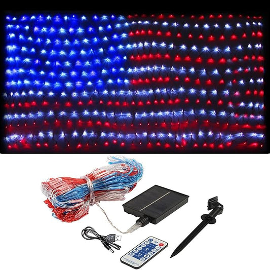 XTF2015 Solar American Flag Lights, 2 in 1 Solar Powered & Plug in American Flag Light, 420 LED Waterproof Patriotic Ornaments for Memorial Day, Independence Day, 4th of July, Party, Yard Decorations