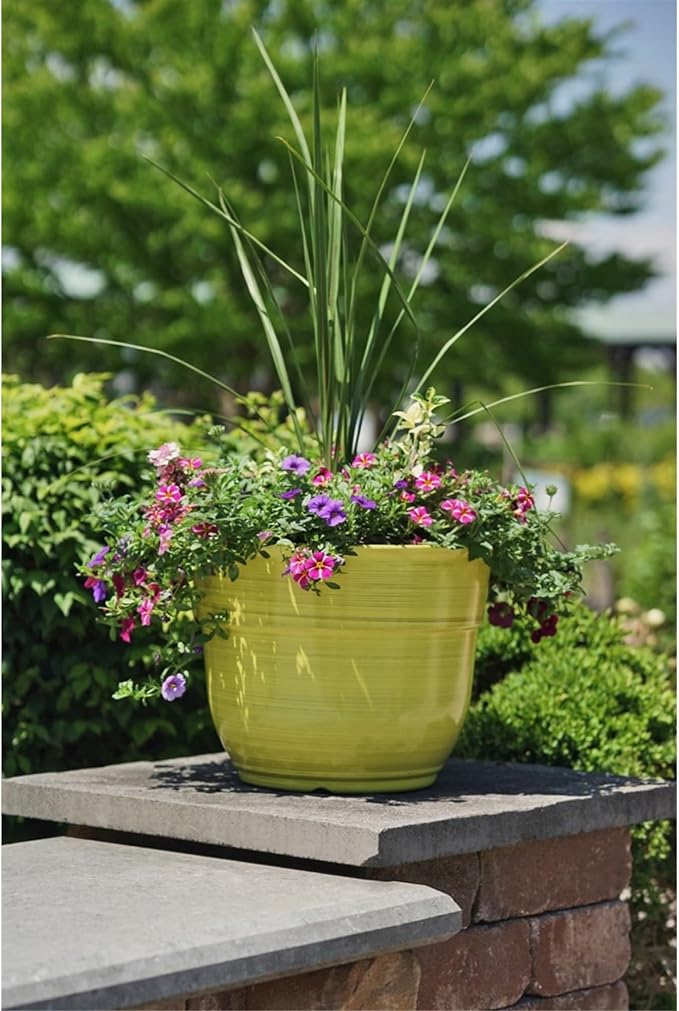 Garden Elements Indoor/Outdoor Glazed Brushed Happy Plastic Planter, Large, Bright Yellow, 15"