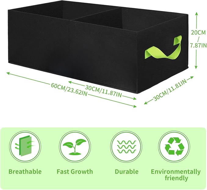 2 Pack Plant Grow Bags,ANGELIOX 2-Grids Rectangle Grow Bag,10 Gallon Heavy Duty 400G Fabric Garden Bed, Square Nonwoven Flower Planter Containers for Vegetable ,Flowers,Fruit/Growing Pots with Handles