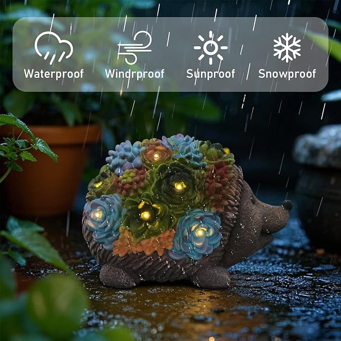 J.CARP Outdoor Solar Garden Hedgehog Statue with Succulents and 7 LED Lights, Decorations for Garden, Patio, Lawn, Outdoor Yard and Deck, Unique Housewarming Gifts