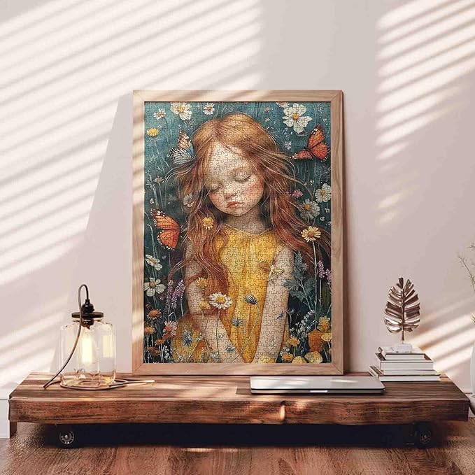 Girl Flowers Jigsaw Puzzle Girl with Colorful Butterflies 1000 Piece Jigsaw Puzzles for Adults Challenging Family Activity Game DIY Puzzle Home Decor 20 x 27 Inch