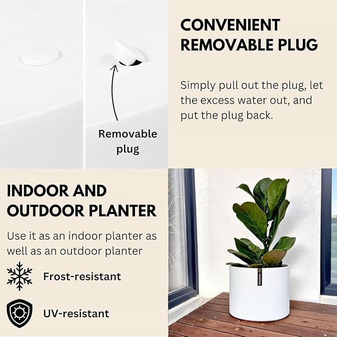 Fox & Fern 18.7 Inch Extra Large Planter — Premium Lightweight Fiberstone Matte White Plant Pot with Drainage Plug; Extra Large Planter for Indoor & Outdoor Use; Weather Resistant & UV Resistant