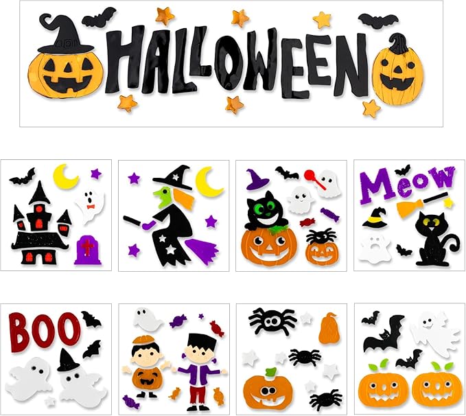 5 Pcs Halloween Window Clings Gel Reusable Static Window Decorations for Office, Classroom, Fridge, Holiday Window Stickers, Vibrant Fall Decor