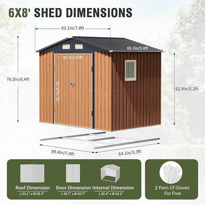 8x6 Ft Storage Shed, Large Outdoor Shed with Floor Base, Window, Lockable Doors, Outside Steel Shed for Garden, Backyard, Lawn, Patio Utility, Tool Storage