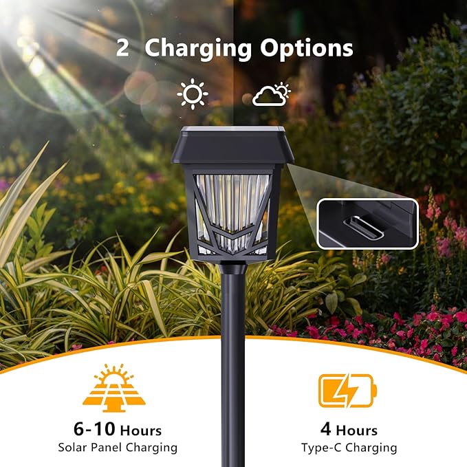 Raynic Solar Pathway Light, 6 Pack Pathway Lights Outdoor, USB-C Rechargable, Waterproof IPX6, 12H Long Lasting Solar Landscape Lights for Walkway Path Yard Lawn Decor, Warm White