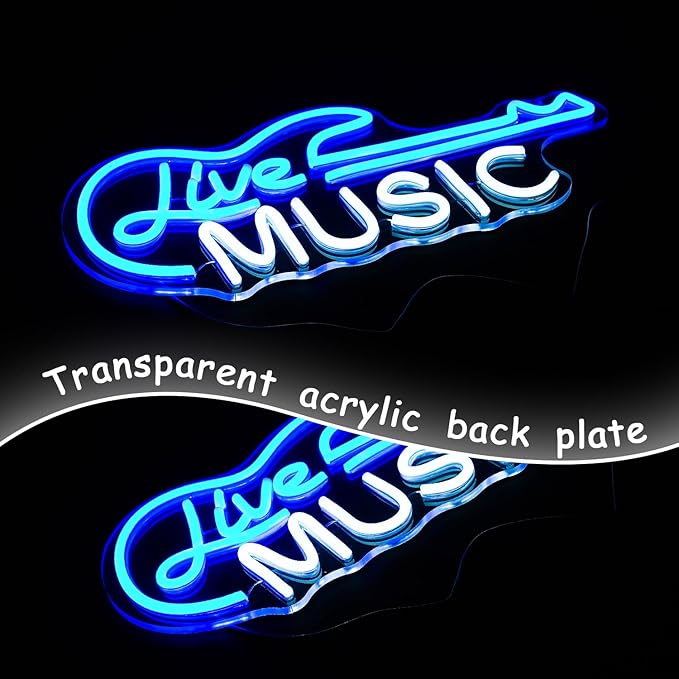 Guitar Neon Sign Blue White Live Music for Wall Decor Dimmable Guitar Led Light up Sign Letter Neon Signs Art Decorative Lights for Music Studio Live Streams Nightclub