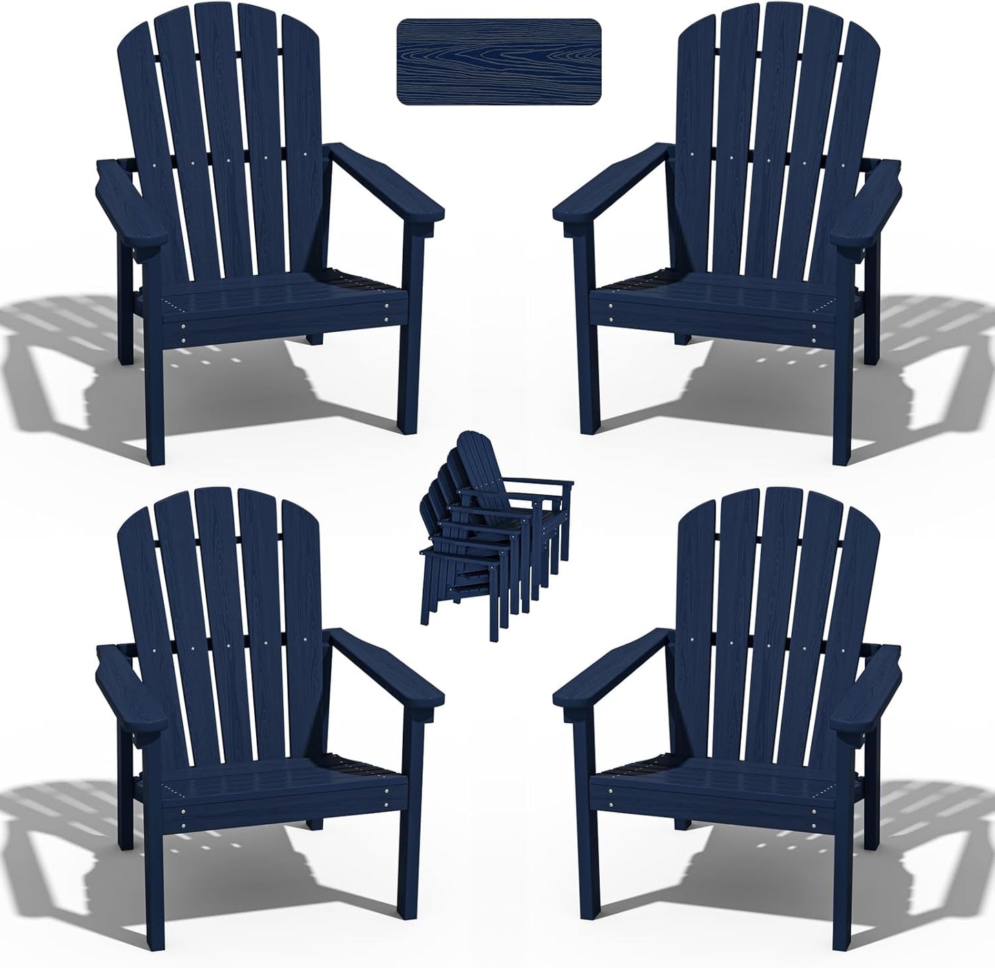 Stackable Adirondack Chair Set of 4, HDPE Outdoor Patio Chair - Durable and Space Saving, Suitable for Porches, Lawns or Garden, Navy