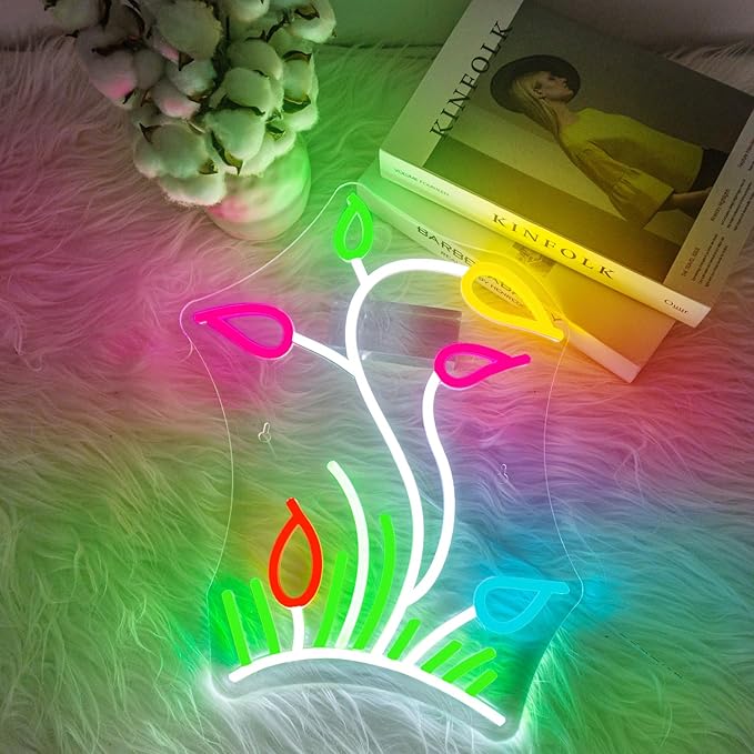 Flower Grasslands Neon Signs Tulips LED Neon Light for Wall Decor Flowers Shaped Light up Sign for Bedroom, Christmas Gift, Shop, Teen Room, lorists,Dormitory
