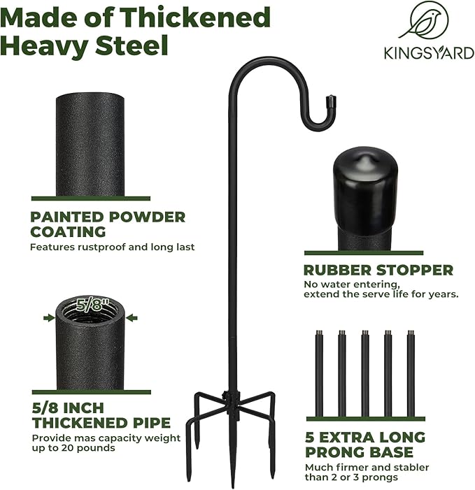 Kingsyard 2 Pack Adjustable Shepherd Hooks for Outdoor - 44 INCH Heavy Duty Bird Feeder Pole with 5 Prong Base, Hummingbird Feeder Stand, Garden Plant Baskets, Weddings Decor, Solar Light Lanterns
